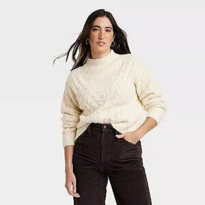 Women's Cable Mock Turtleneck Pullover Sweater Universal Thread™ Cream Size L